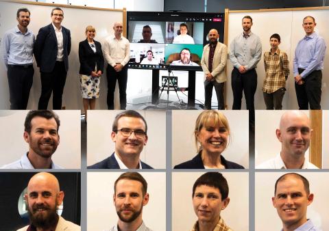 A photo of people participating in DVA program appearing in front of a TV monitor with 4 people remotely attending session. Below this image are the head shots of eight people, who were at the event.
