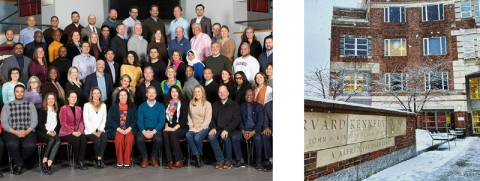 Image of students at Harvard Business school in group shot inside an auditorium and Image of Harvard building with snow covering the building