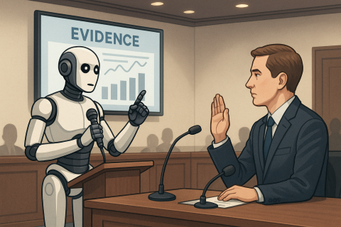 An illustrative image of a robot and a person in a ‘courtroom’ setting with the person swearing under oath.