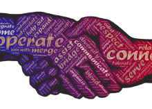 Illustrative picture of two hands shaking with wording superimposed on them.