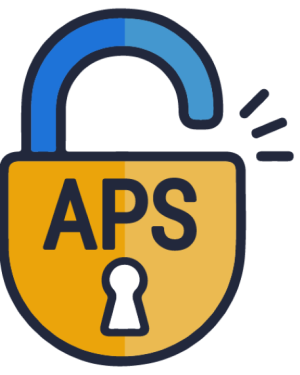 A padlock labelled "APS" swinging open Caption