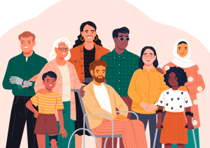 Cartoon illustration of a diverse group of people with different types of inclusiveness: LGBT, physical disability, religion, and age, standing together