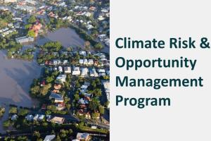 Aerial photo of flooded town. To the tight is the wording "Climate Risk & Opportunity Management Program"