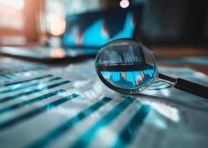 An AI image of an out of focus computer keyboard with a magnifying glass point of view looking to the desktop screen