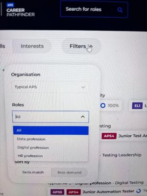 Image shows the APS Career Pathfinder drop down filters available as a illustration for Data Profession; Digital Profession; and HR Profession. 