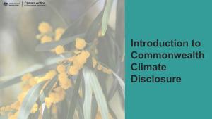 Teal background with wattle branch and text, Introduction to Commonwealth Climate Disclosure