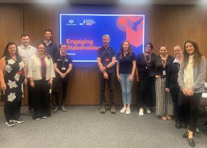 Photo of 10 people in a room looking at the camera in front of a screen with the APS Academy logo and Australian Government logo for the ‘Engaging Stakeholders’ course. 
