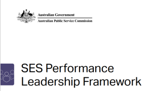 Front cover of SES Performance Leadership Framework with title and Australian Government logo. 
