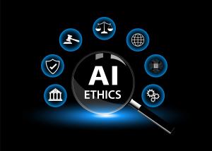 A graphic with the words, ‘AI Ethics’ in the centre of a magnifying glass around which are 7 circles which have infographic icons