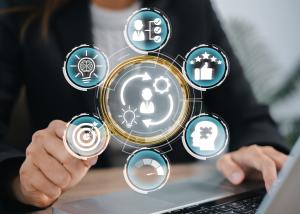 Business professional interacting with digital icons representing competence concepts, skill development, and performance.
