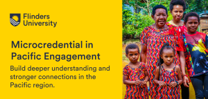 PNG family photo with text Microcredential in Pacific Engagement. Build deeper understanding and stronger connections in the Pacific region.