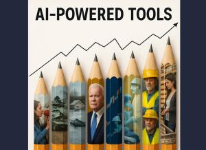 Illustrative image of a heading, ‘AI-Powered Tools’ and 8 Pencils underneath with news images wrapped around each and a graph line connecting the lead in the pencils at the top.