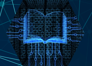 An illustrative image of a book with computer digital tracks leading to it.