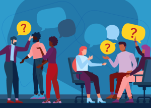 An illustration of 6 people figures questioning each other. 