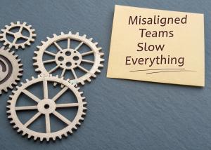 An illustration of 4 cogged wheels overlapping, not in alignment plus post it note with wording, ‘’misaligned teams slow everything’.