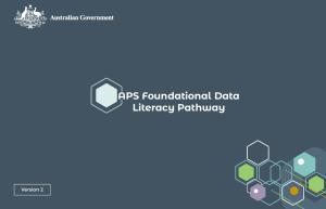 Cover image for the APS Foundational Data Literacy Pathway, Version 2. The title appears in white text on a dark blue background beneath the Australian Government crest. A cluster of interconnected hexagonal shapes in blue, green, purple and gold is displayed in the lower right corner, representing data, capability and connected learning.