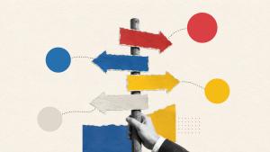 Illustration of a hand holding a signpost with multiple coloured directional arrows pointing in different directions. Red, blue, yellow and grey arrows are connected to matching coloured circles, symbolising choices, pathways, decision-making and strategic direction.