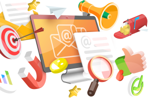 Illustration featuring digital communication and marketing concepts. A computer monitor displaying an email symbol is surrounded by icons including a megaphone, mailbox, target, magnifying glass, paper planes, thumbs-up symbol, check mark, magnet and documents, representing email communication, audience engagement, promotion and information sharing.