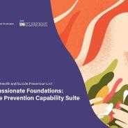 Illustration of woman holding coloured branches against red background. Accompanying text reads Australian Government; APS Inclusion; APS Mental Health and Suicide Prevention Unit Compassionate Foundations: Suicide Prevention Capability Suite.