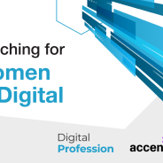 Graphic of blue shooting lines with wording ‘Coaching for Women in Digital’ supported by Digital Profession and Accenture.