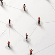 Lots of people standing spread out with lines mimicking a network joining them together. 