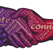Illustrative picture of two hands shaking with wording superimposed on them.
