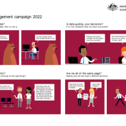 A cartoon strip of 4 scenarios. First one is; Who is accountable? If everyone’s accountable, then no-one is. Features a man at a desk with bear walking past. The second one; Is data guiding your decisions? If no one is complains, have you been successful?. The third scenario; What is your priority? Are you certain you’re focusing on the right things?. The fourth; Are we all on the same page? Making sure we don’t pull in different directions.