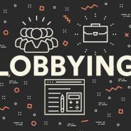 Image of word ‘Lobbying” on a black background with some illustrative icons of a group of people, briefcase and a chart. 