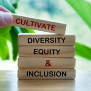 Illustrative image of stacked wooden building blocks with words written on them, “Cultivate, Diversity, Equity, & Inclusion”.