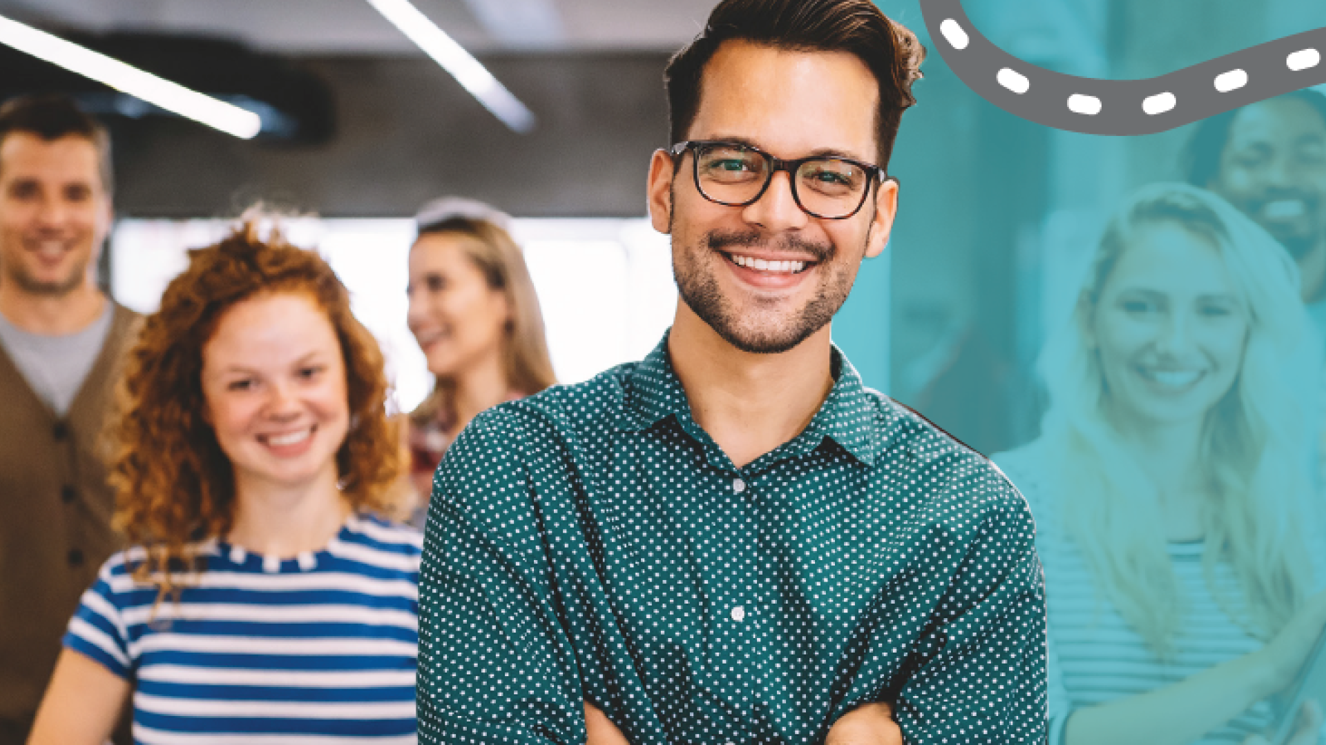 A student wearing glasses and casual clothes, smiling, with five more happy students in background