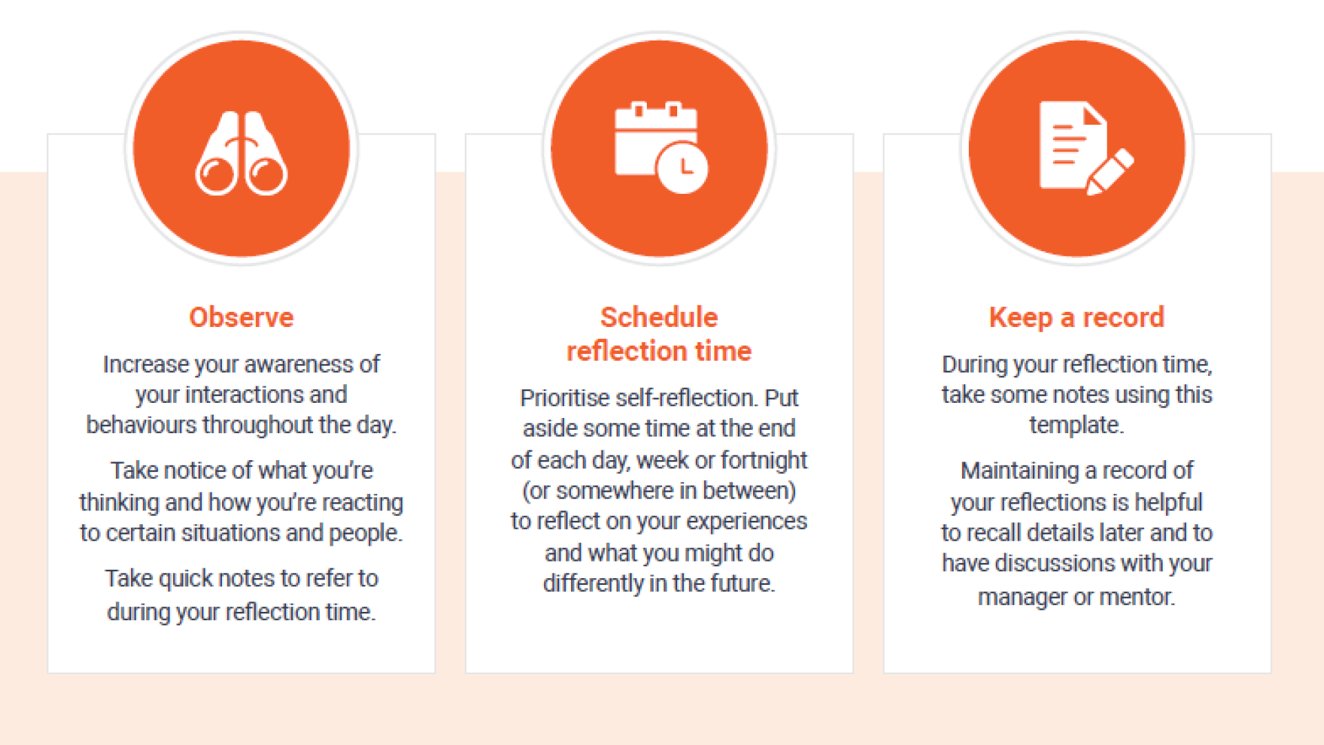 Decorative image from Continuous Learning Reflection Template showing 3 tips: observe, schedule reflection time and keep a record.