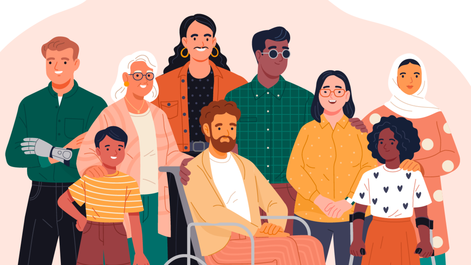 Cartoon illustration of a diverse group of people with different types of inclusiveness: LGBT, physical disability, religion, and age, standing together