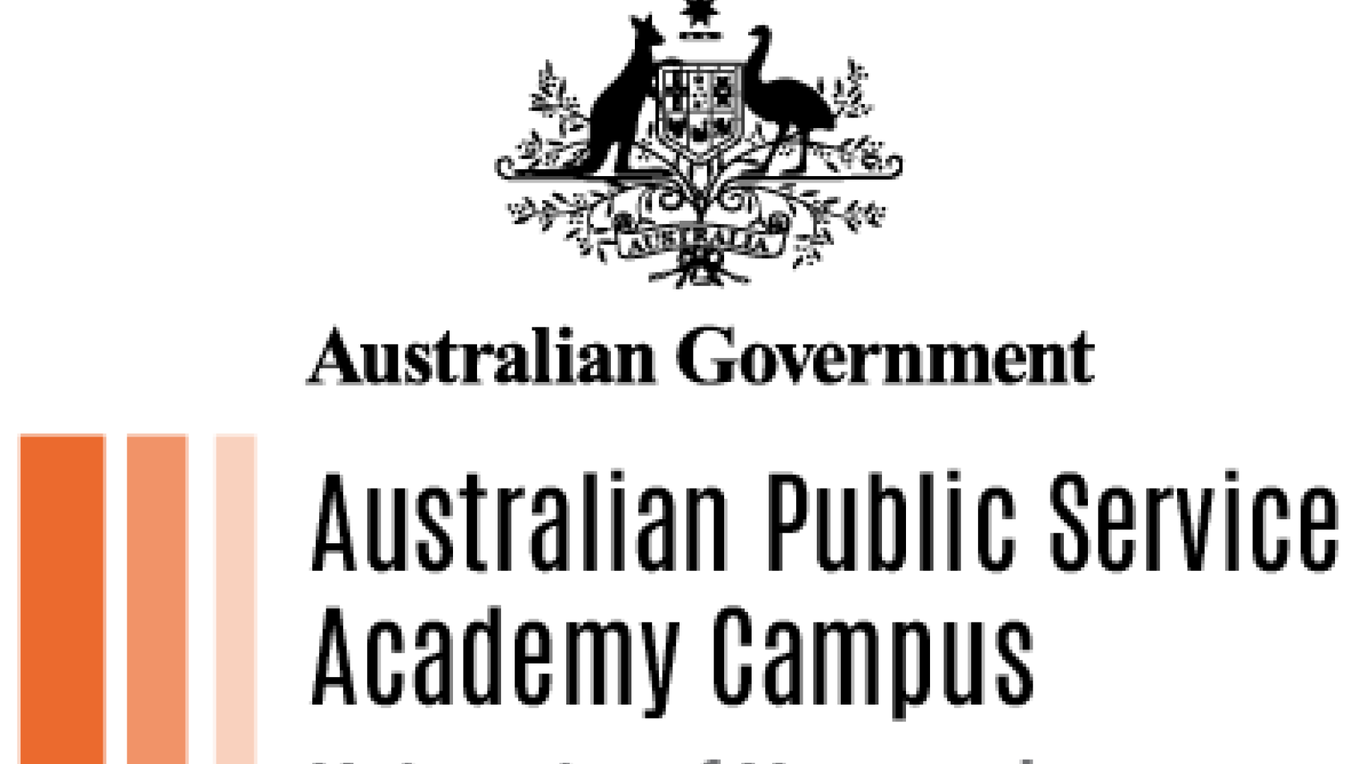 Australian Government logo with 3 Orange vertical rectangular blocks decreasing in width and colour from left to right with the words Australian Public Service Academy Campus.  University of Newcastle Australia logo and wording