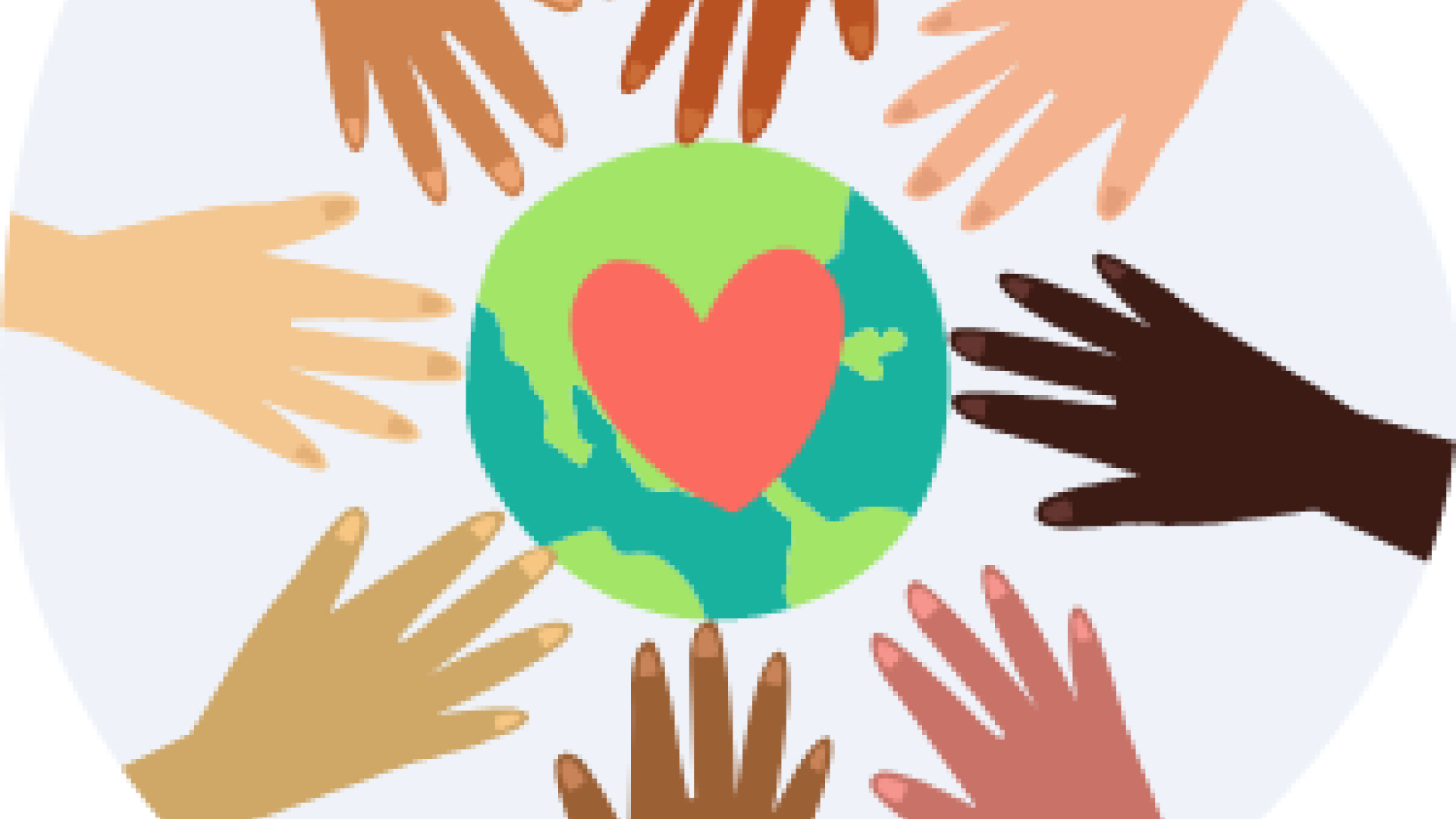 A graphic of the world globe with a heart centred in the globe, and eight hands coming together to touch the globe.