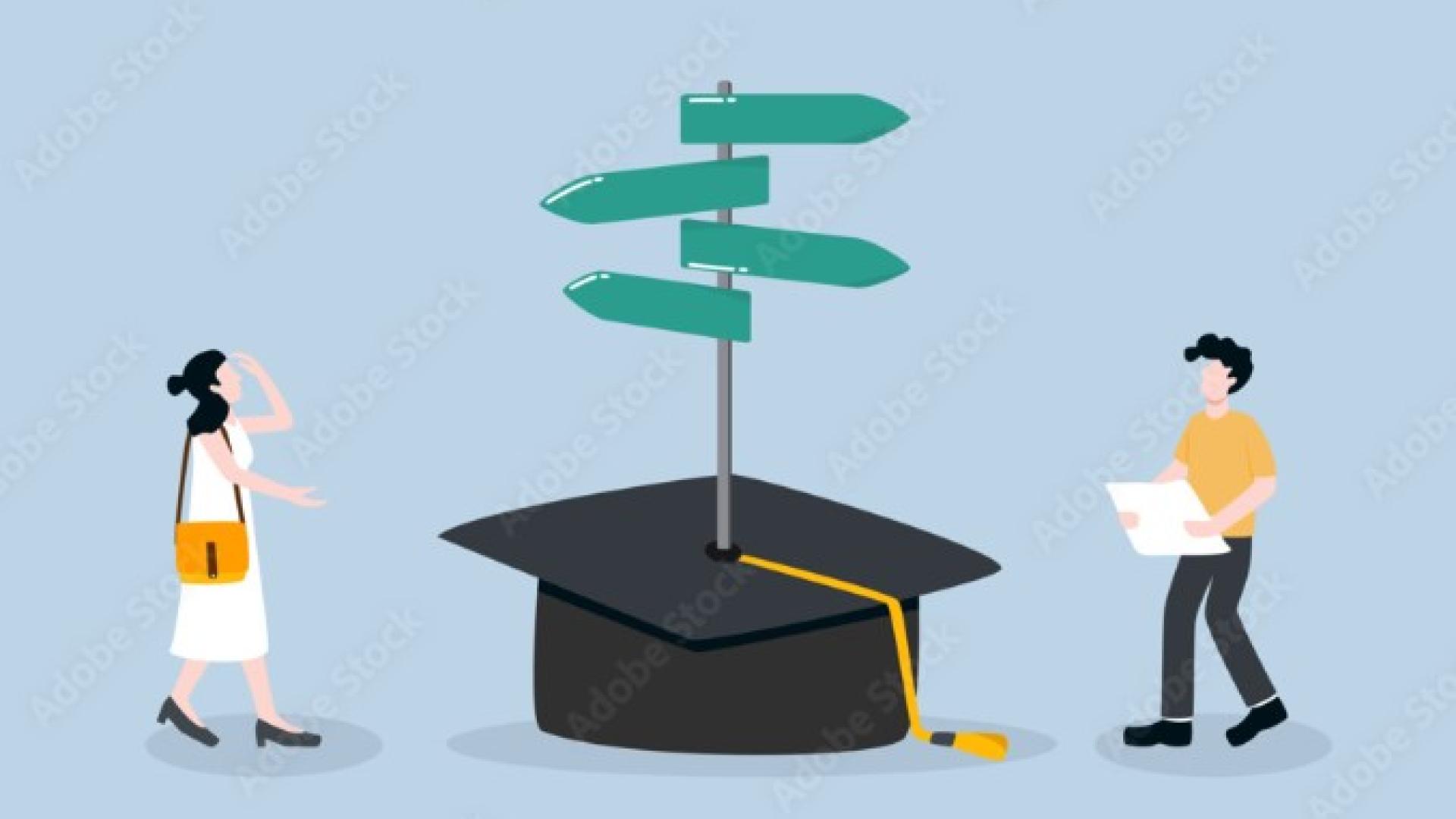 An illustration of an oversize academic mortar board cap with a street sign affixed in the centre of it with signs pointing in all directions. Two figurative people are standing on either of the mortar board.