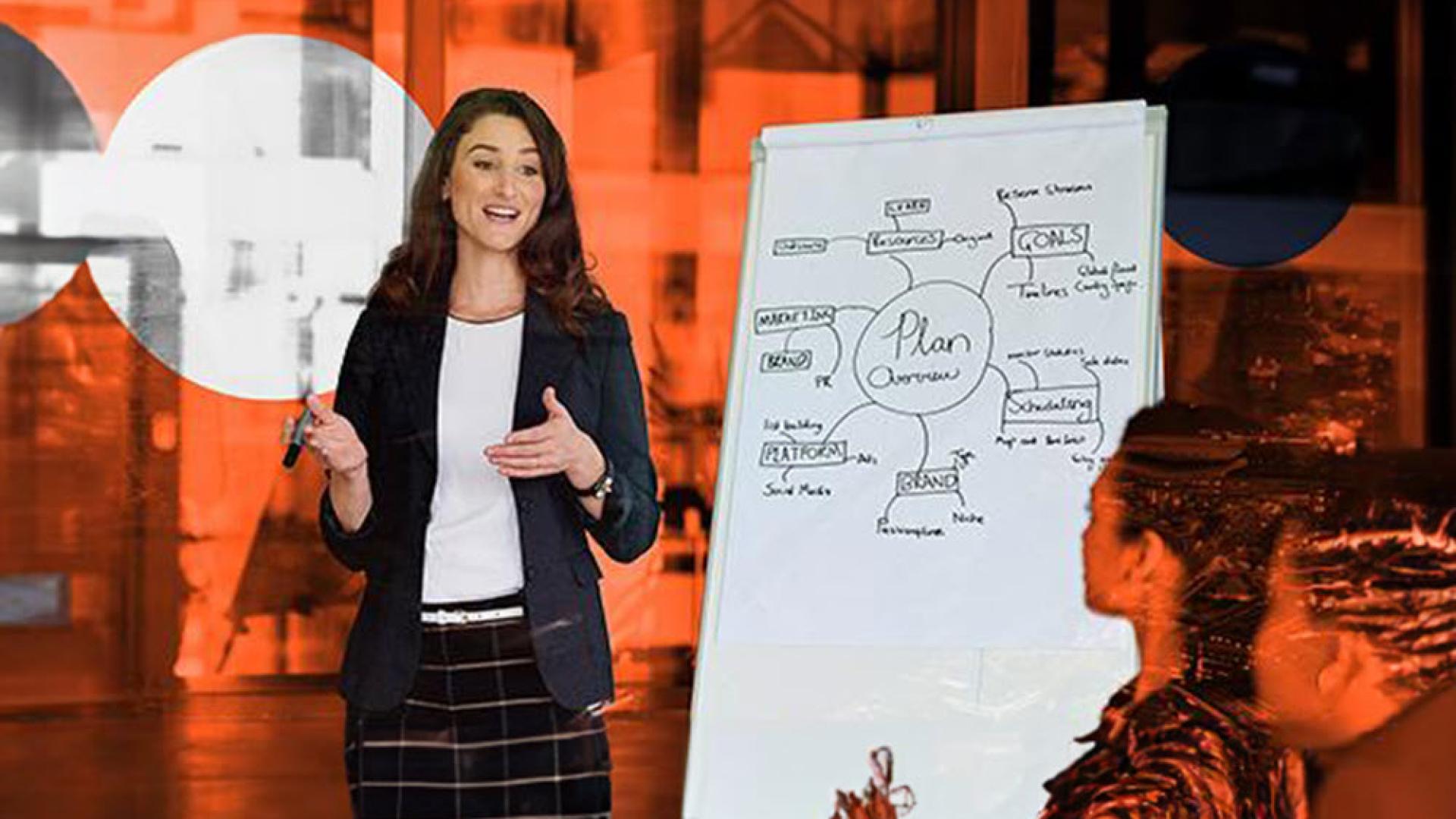 Person standing in front of a whiteboard presenting to a room