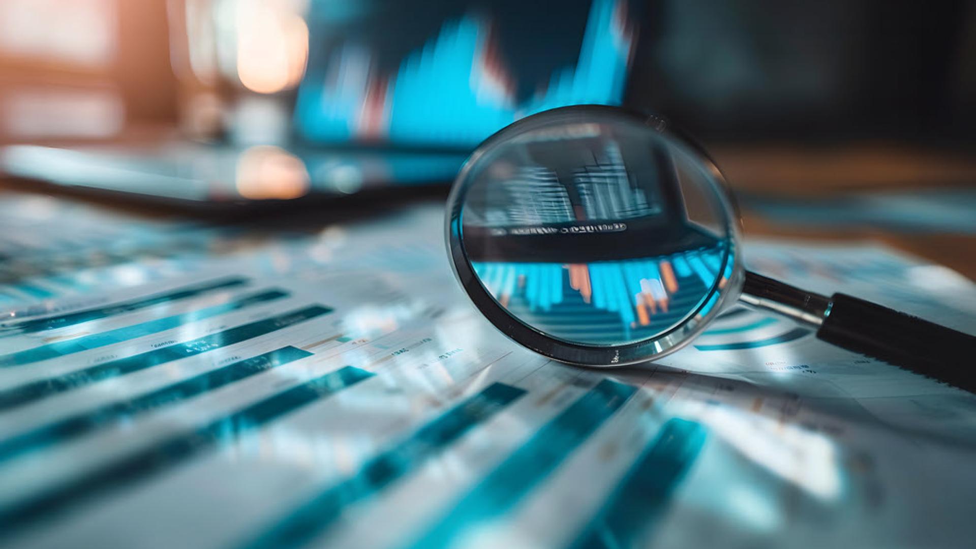 An AI image of an out of focus computer keyboard with a magnifying glass point of view looking to the desktop screen