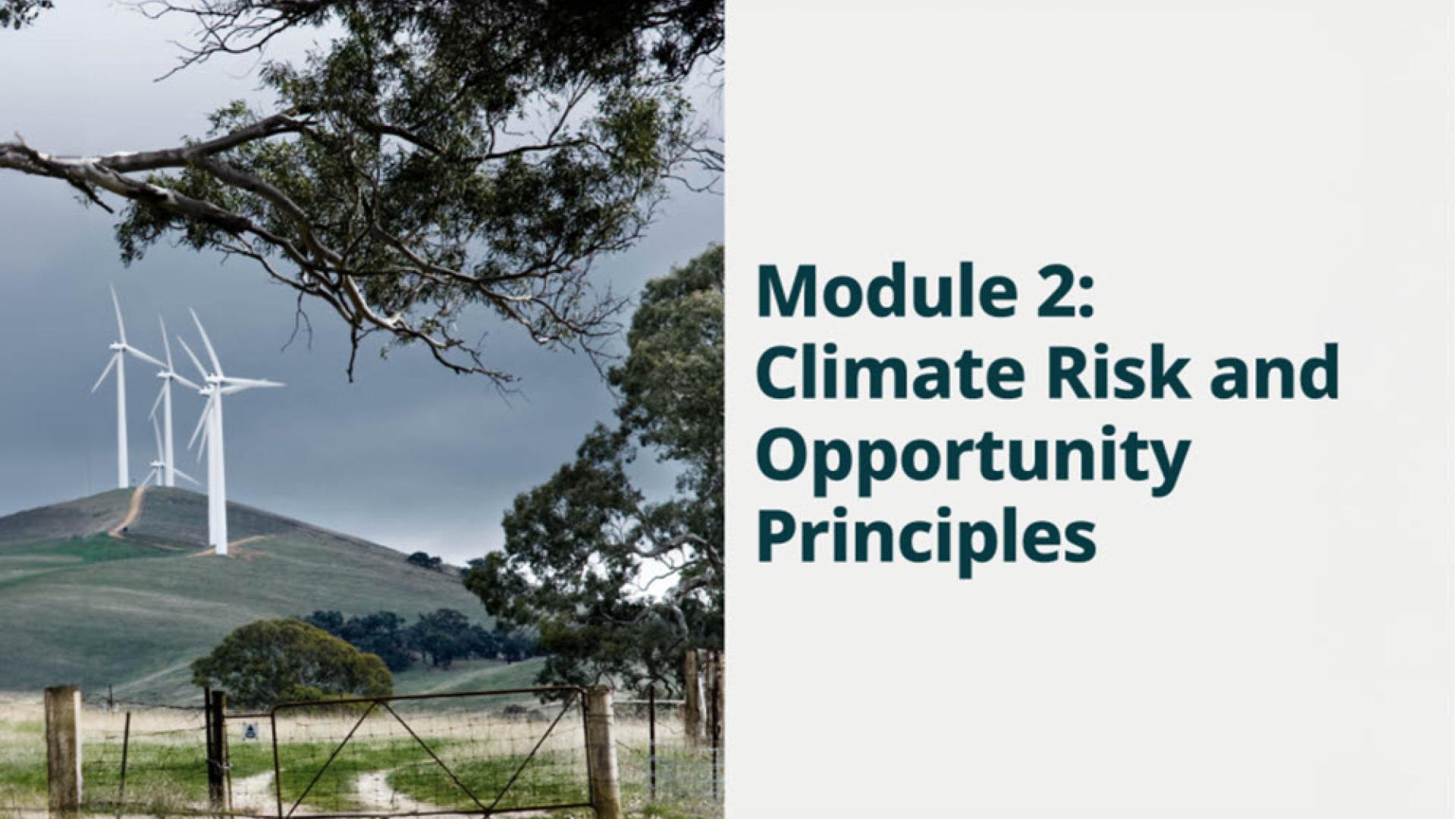 Photo of damaged property with flood waters flowing past.  Text to the right of the photo "Module 1: Introduction to Climate Change"