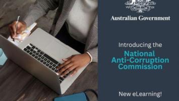 Image of a person working on a laptop. On the right-hand side is the Australian Government logo and wording. Underneath the logo is the wording "Introducing the National Anti-Corruption Commission"