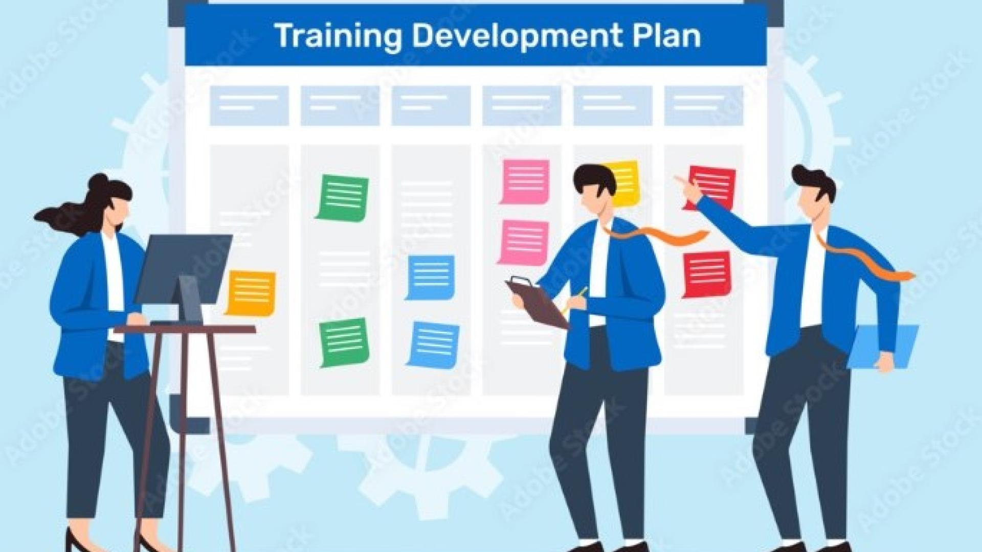 Picture of illustrative people in front of a ‘Training Development Plan’ board with sticky notes on it. 