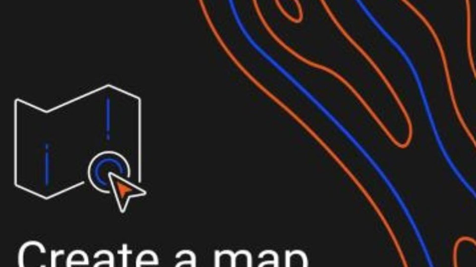 Image of a paper map icon with wording, ‘create a map’ set on a black background with orange and blue lines illustration.