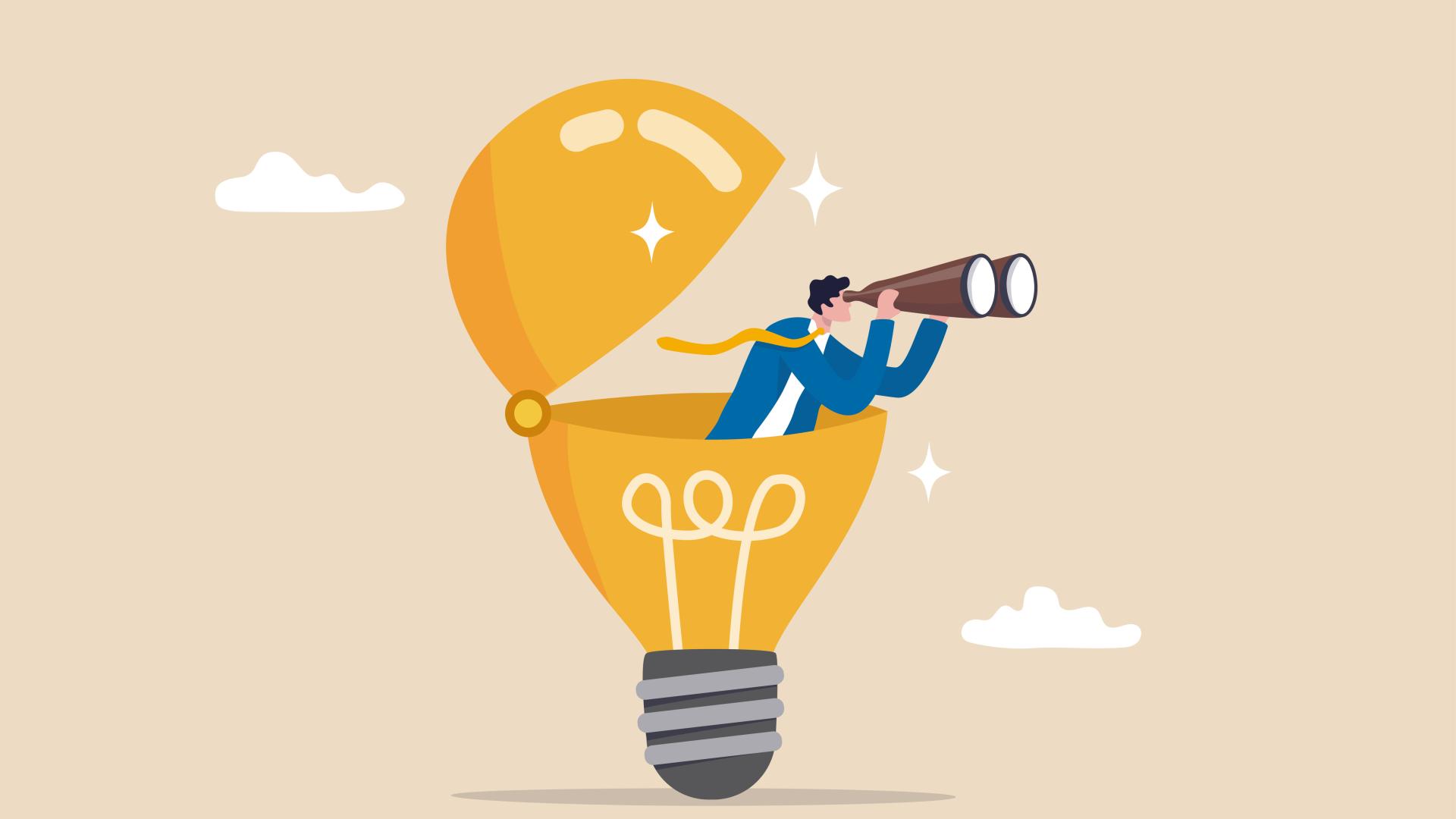 An illustrative lightbulb with a graphic of a man holding binoculars to his eyes standing inside the top of the lightbulb. 