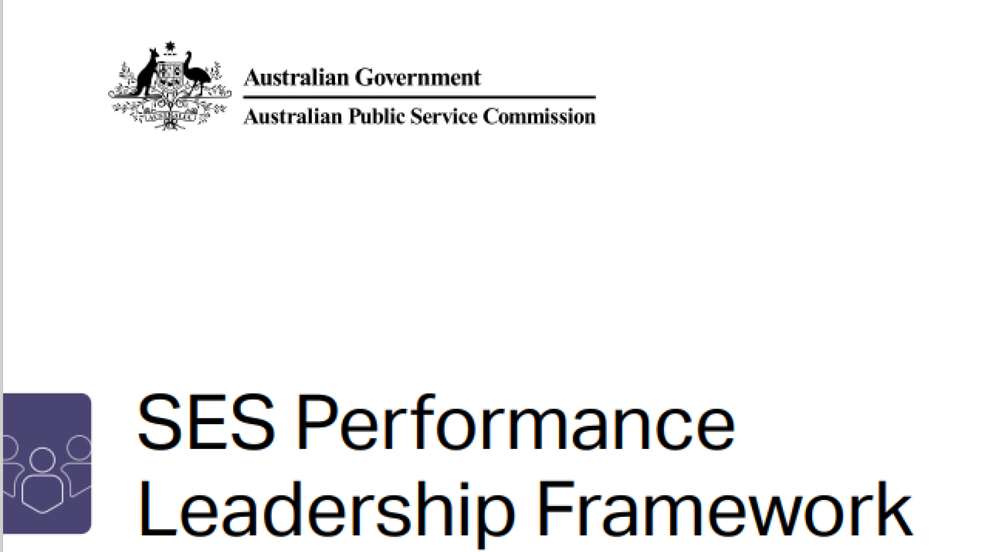 Front cover of SES Performance Leadership Framework with title and Australian Government logo. 