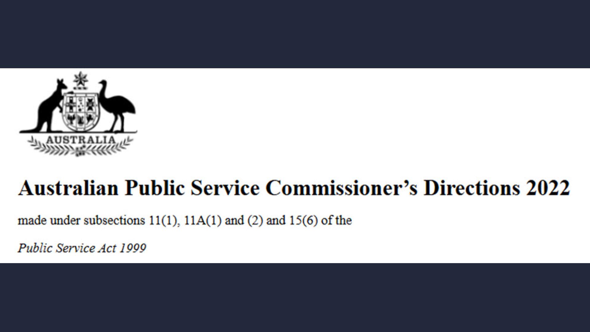 Written wording of the Australian Public Service Commissioner’s Directions 2022 and related subsections underneath an Australian Government crest.