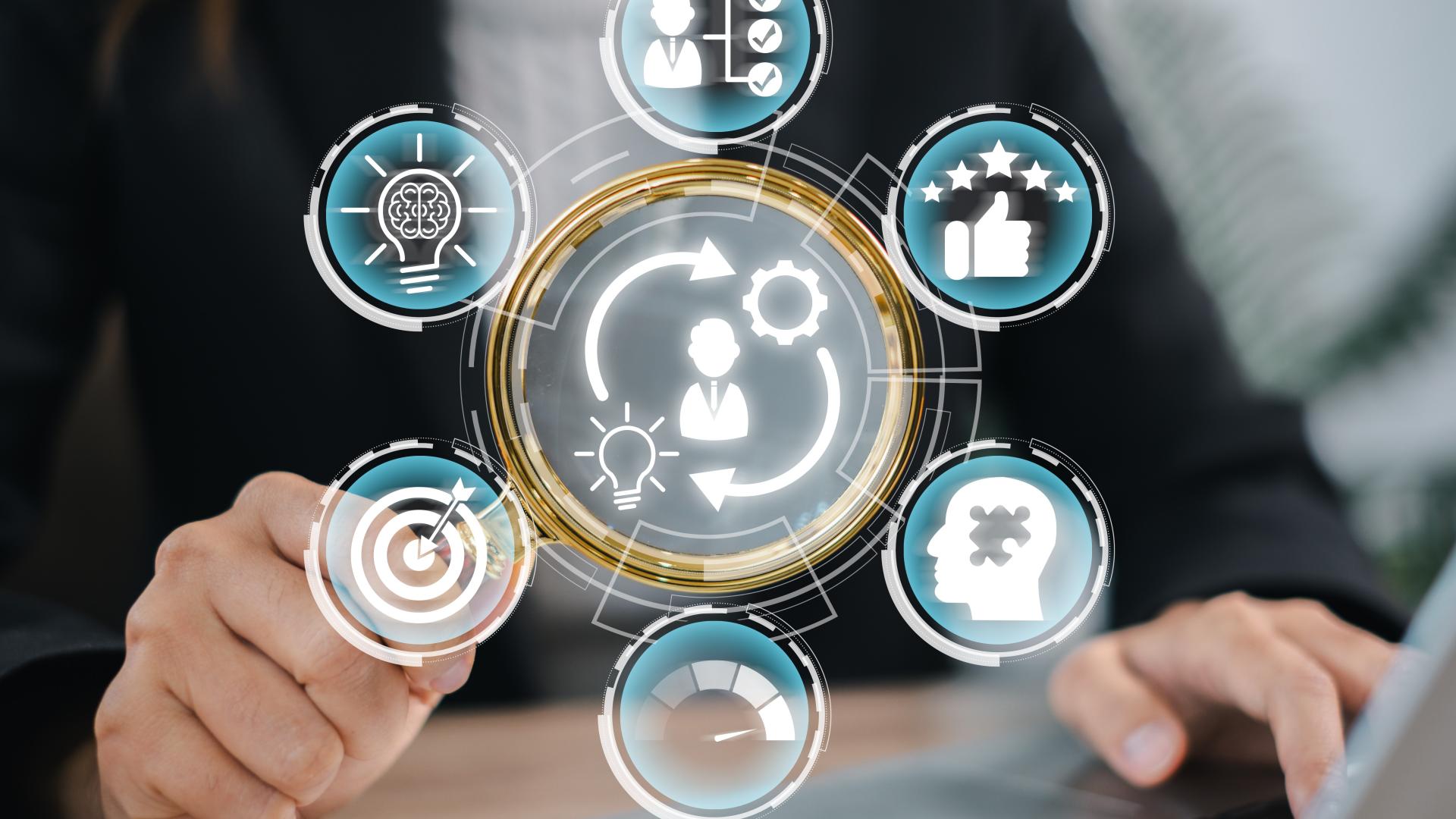 Business professional interacting with digital icons representing competence concepts, skill development, and performance.