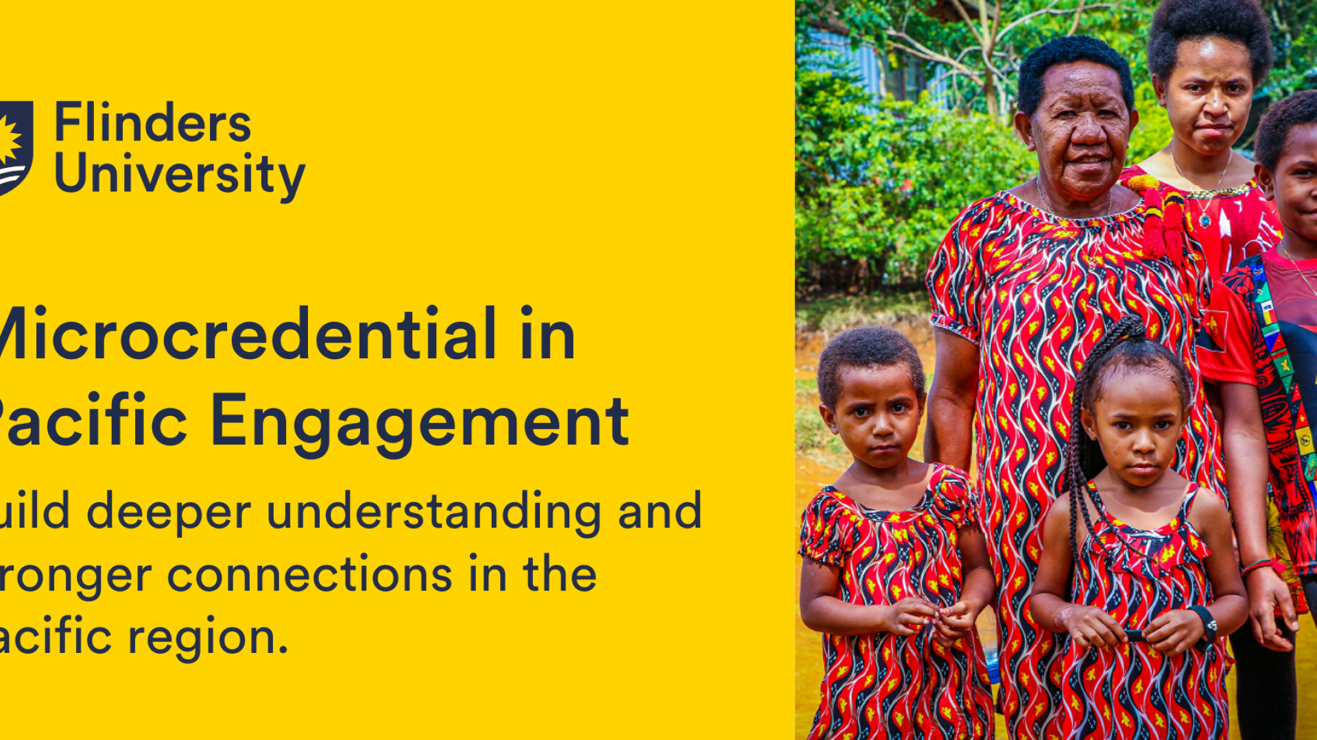 PNG family photo with text Microcredential in Pacific Engagement. Build deeper understanding and stronger connections in the Pacific region.