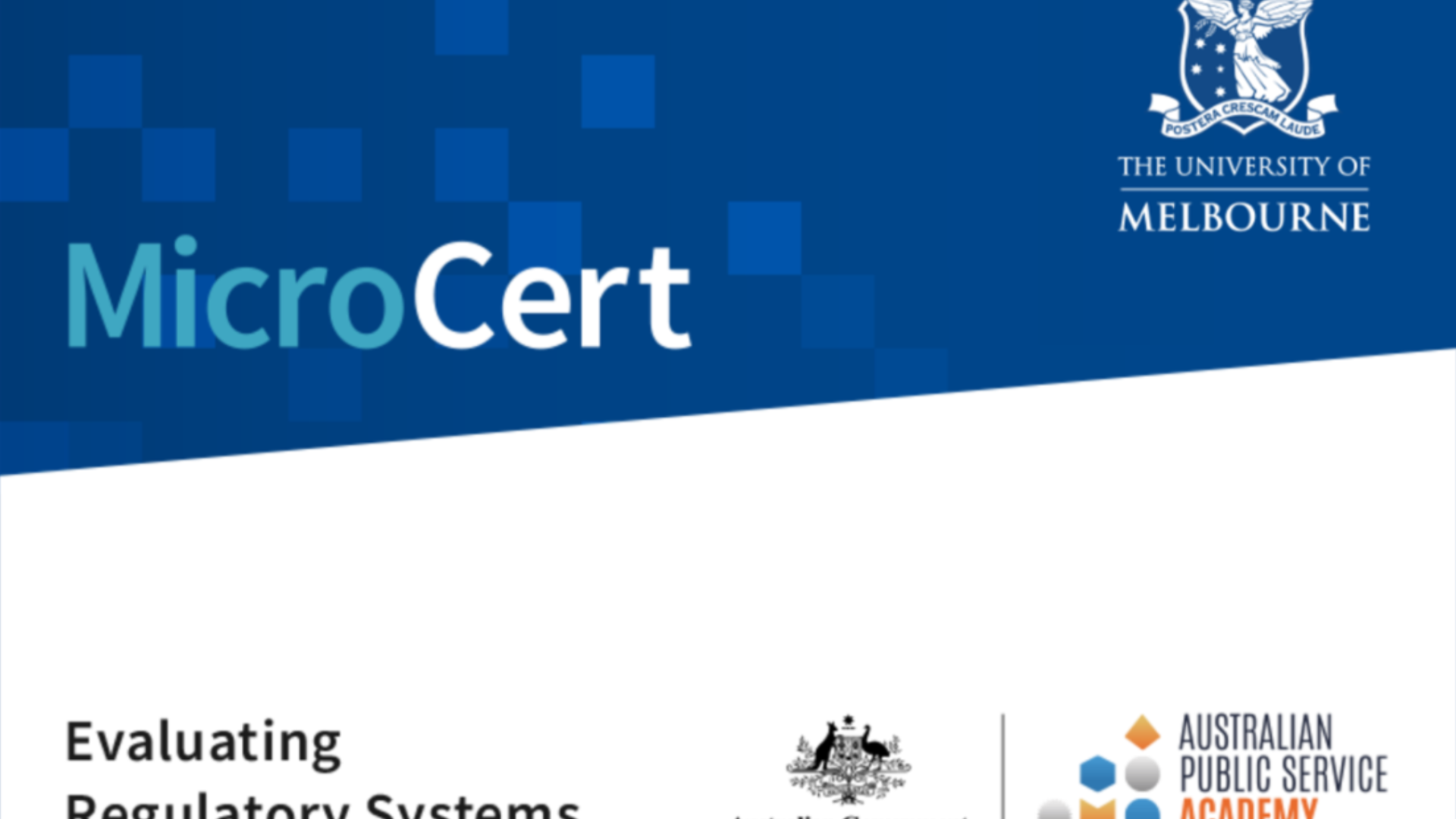 Microcredential promotional image featuring the University of Melbourne logo, APS Academy logo and the Australian Government logo 