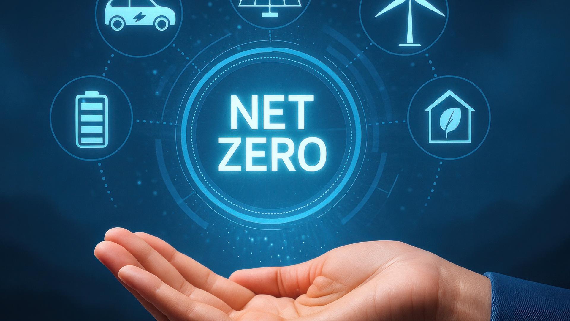 An image of an open hand with wording ‘Net Zero’ above it. This is surrounded by icons of a clip board; an electric car; solar panel/sun; wind turbine; and a house with green leaf symbol inside it. 