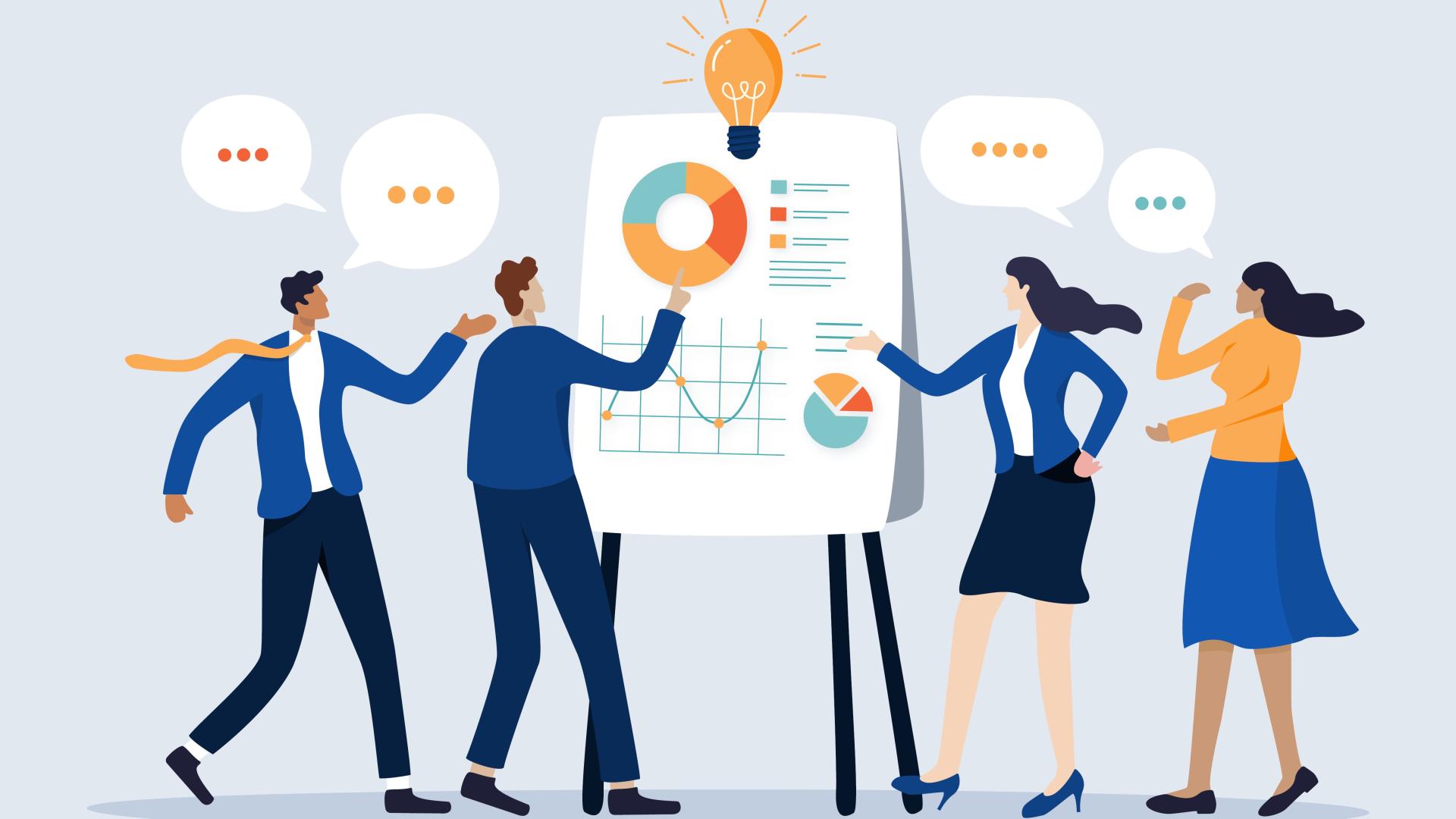 An illustration of a whiteboard with 4 people gathered around it. Each person has a speech bubble above them with figurative dots representing speech. 