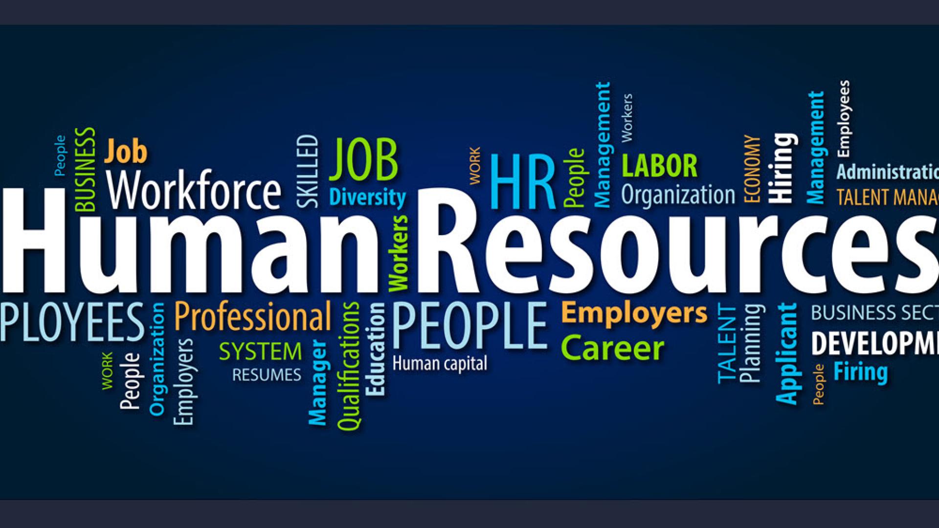 Word cloud of lots of words related to Human Resources. 